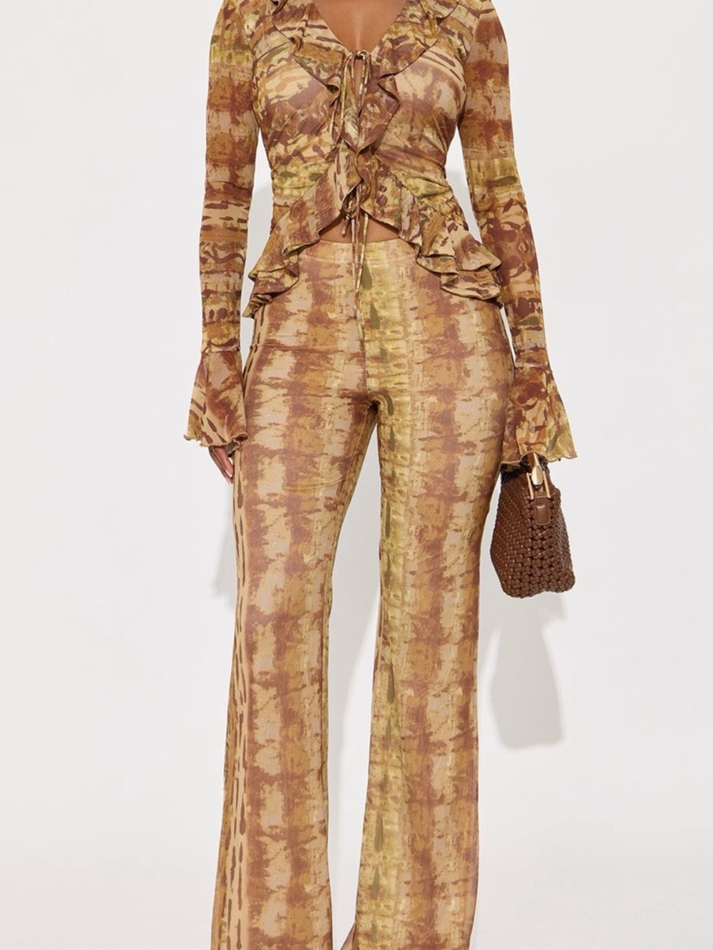 Women's Tie-Dye Flared Pants in Brown & Cream